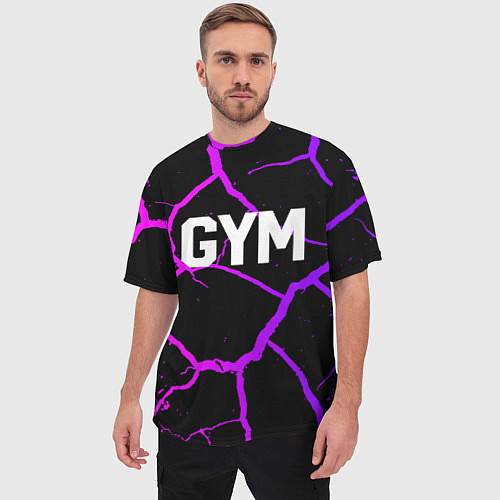Мужская футболка оверсайз Gym - Трещины неоновые / 3D-принт – фото 3