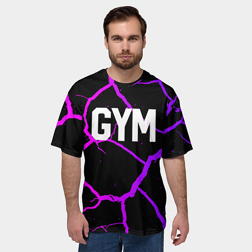 Мужская футболка оверсайз Gym - Трещины неоновые / 3D-принт – фото 3