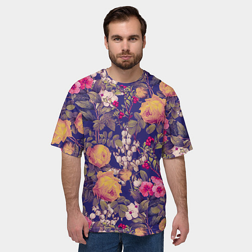 Мужская футболка оверсайз Летний Букет Цветов На Синем Фоне / 3D-принт – фото 3