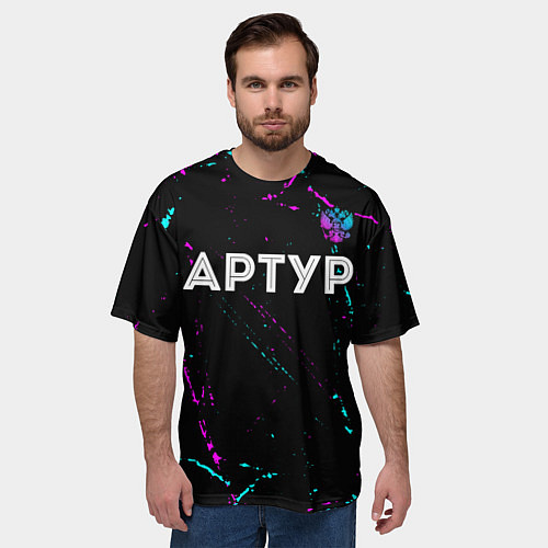 Мужская футболка оверсайз Артур и неоновый герб России: символ сверху / 3D-принт – фото 3