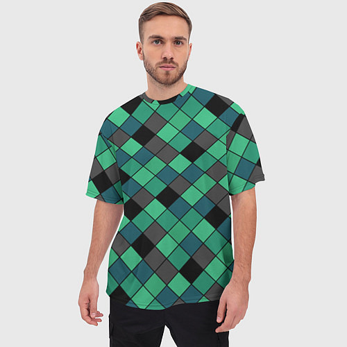 Мужская футболка оверсайз Зеленый клетчатый узор Изумрудный / 3D-принт – фото 3