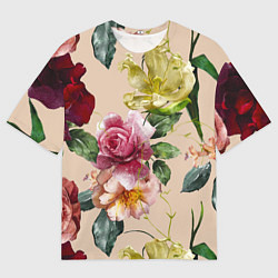 Мужская футболка оверсайз Цветы Нарисованные Красные Розы и Лилии