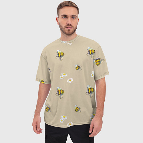 Мужская футболка оверсайз Цветы Ромашки и Пчёлы / 3D-принт – фото 3