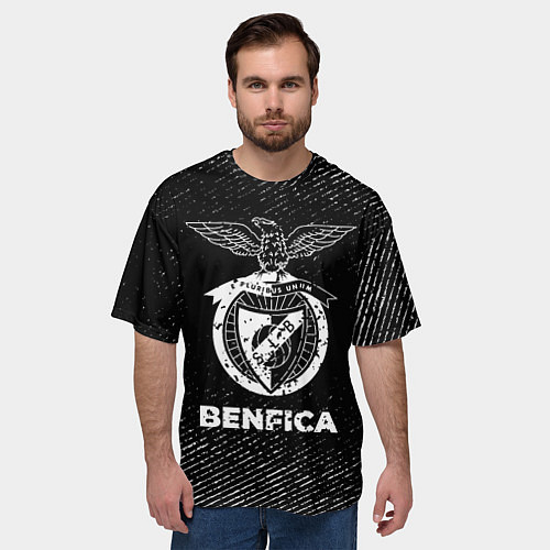 Мужская футболка оверсайз Benfica с потертостями на темном фоне / 3D-принт – фото 3