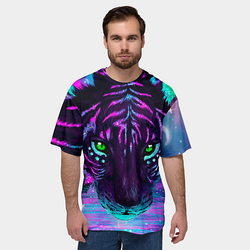 Мужская футболка оверсайз Светящийся неоновый тигр / 3D-принт – фото 3