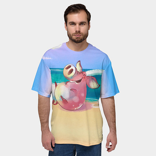 Мужская футболка оверсайз Свинка на пляже хохочет / 3D-принт – фото 3