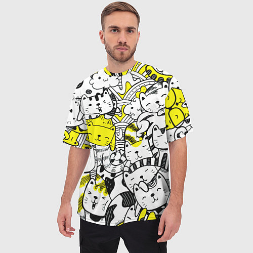 Мужская футболка оверсайз Милые Чёрные и Жёлтые Коты / 3D-принт – фото 3