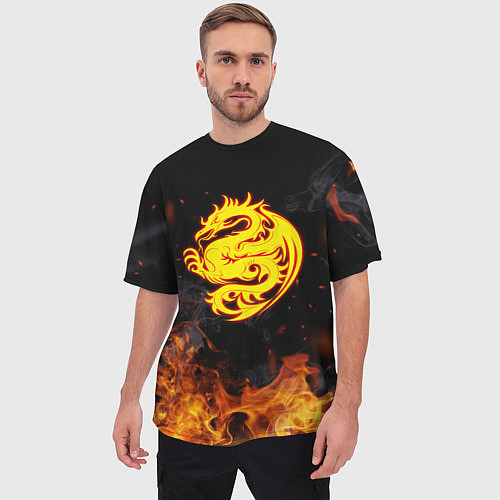 Мужская футболка оверсайз Огнедышащий дракон и пламя / 3D-принт – фото 3