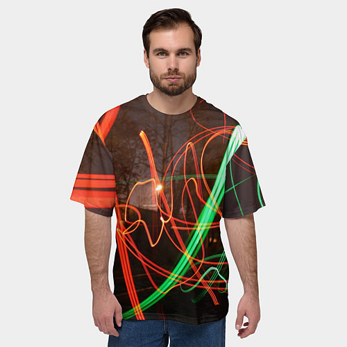 Мужская футболка оверсайз Абстрактные улица и зелёно-красные лучи / 3D-принт – фото 3