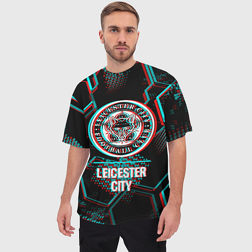 Мужская футболка оверсайз Leicester City FC в стиле glitch на темном фоне / 3D-принт – фото 3