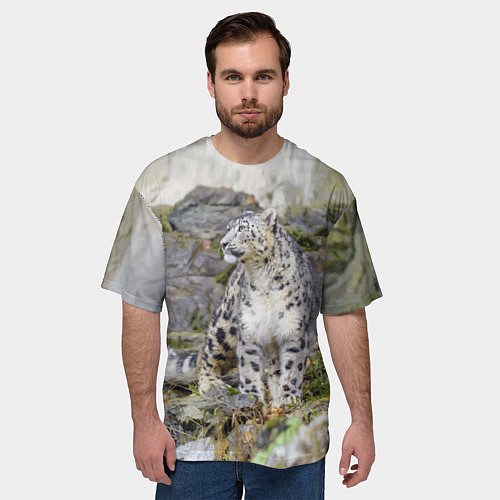 Мужская футболка оверсайз Снежный барс среди скал / 3D-принт – фото 3