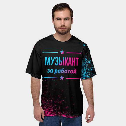 Мужская футболка оверсайз Музыкант за работой - неоновый градиент / 3D-принт – фото 3