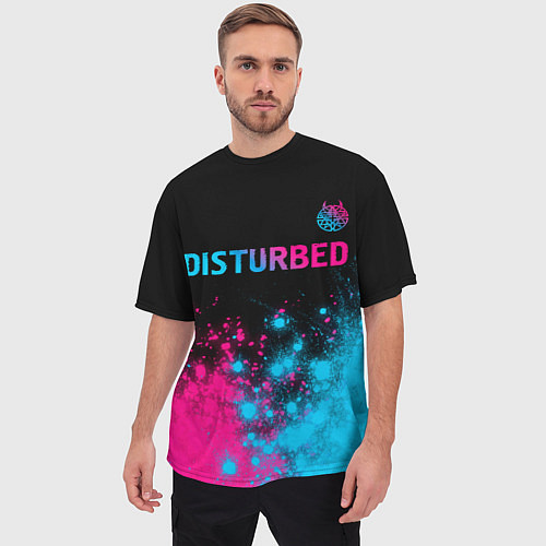 Мужская футболка оверсайз Disturbed - neon gradient: символ сверху / 3D-принт – фото 3
