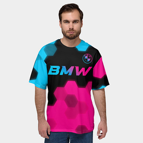 Мужская футболка оверсайз BMW - neon gradient: символ сверху / 3D-принт – фото 3