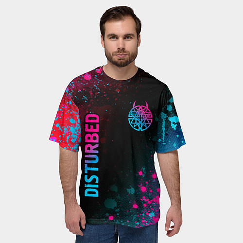Мужская футболка оверсайз Disturbed - neon gradient: символ и надпись вертик / 3D-принт – фото 3