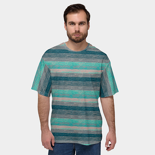 Мужская футболка оверсайз Серые, зеленые полосы с текстурой дерева / 3D-принт – фото 3