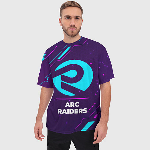 Мужская футболка оверсайз Символ ARC Raiders в неоновых цветах на темном фон / 3D-принт – фото 3