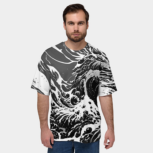 Мужская футболка оверсайз Черно-белые волны / 3D-принт – фото 3