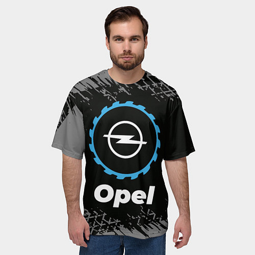 Мужская футболка оверсайз Opel в стиле Top Gear со следами шин на фоне / 3D-принт – фото 3