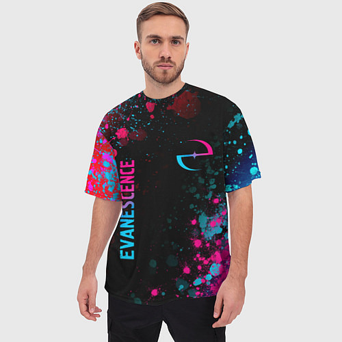 Мужская футболка оверсайз Evanescence - neon gradient: символ и надпись верт / 3D-принт – фото 3