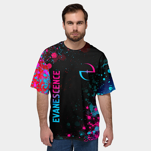 Мужская футболка оверсайз Evanescence - neon gradient: символ и надпись верт / 3D-принт – фото 3