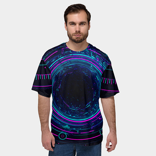 Мужская футболка оверсайз Неоновый тоннель - портал / 3D-принт – фото 3