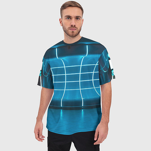 Мужская футболка оверсайз Абстрактная панель неоновых голубых фонарей / 3D-принт – фото 3