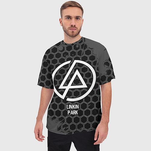 Мужская футболка оверсайз Linkin Park glitch на темном фоне / 3D-принт – фото 3