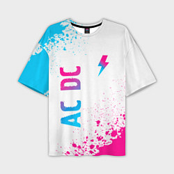 Мужская футболка оверсайз AC DC neon gradient style: символ и надпись вертик