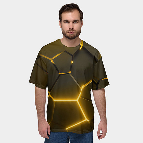 Мужская футболка оверсайз Золотые неоновые геометрические плиты / 3D-принт – фото 3