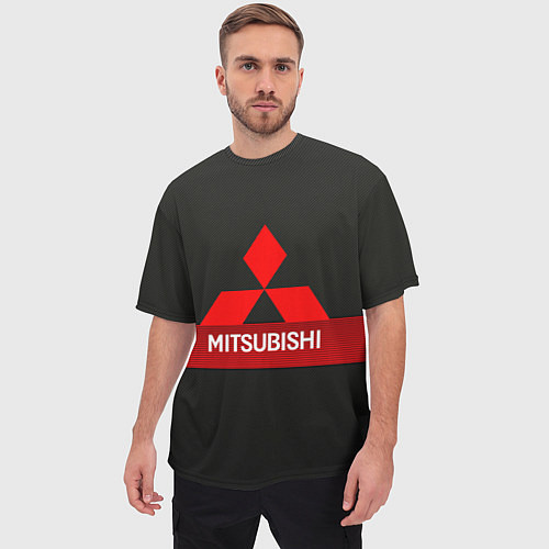 Мужская футболка оверсайз Mitsubishi - логотип - красная полоса / 3D-принт – фото 3