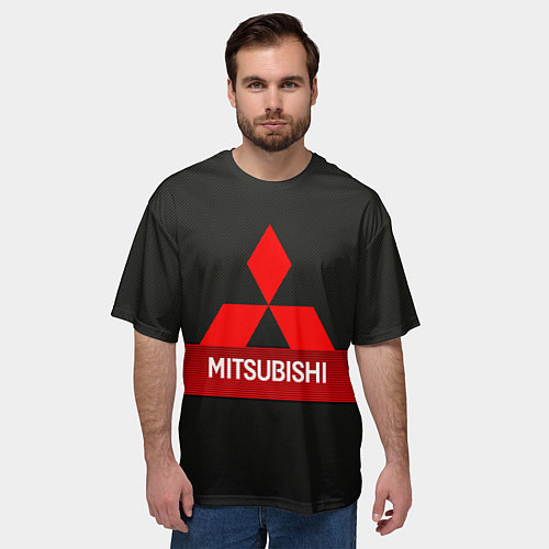 Мужская футболка оверсайз Mitsubishi - логотип - красная полоса / 3D-принт – фото 3