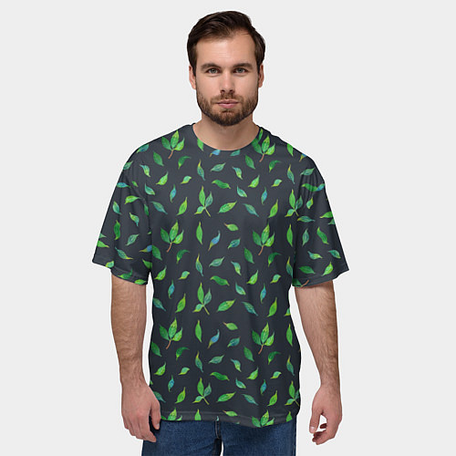 Мужская футболка оверсайз Зеленые листья и веточки на темном фоне / 3D-принт – фото 3
