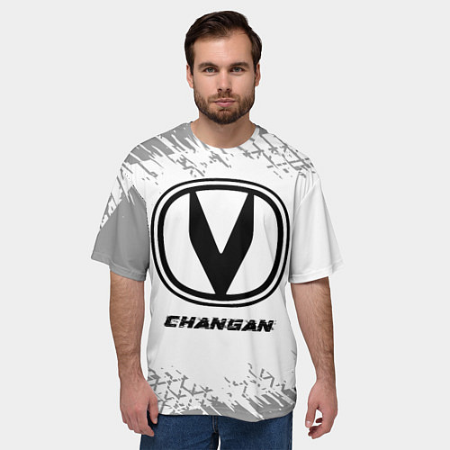 Мужская футболка оверсайз Changan speed на светлом фоне со следами шин / 3D-принт – фото 3