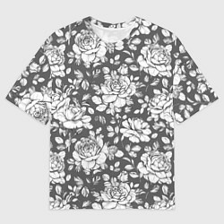 Футболка оверсайз мужская Крупные белые розы на сером фоне, цвет: 3D-принт