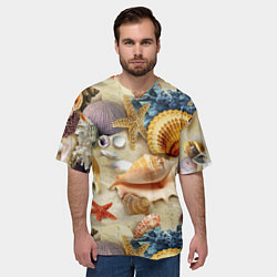Футболка оверсайз мужская Морские раковины, кораллы, морские звёзды на песке, цвет: 3D-принт — фото 2