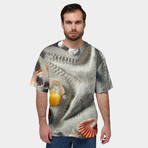 Мужская футболка оверсайз Звезда из песка, ракушки и две жемчужины / 3D-принт – фото 3