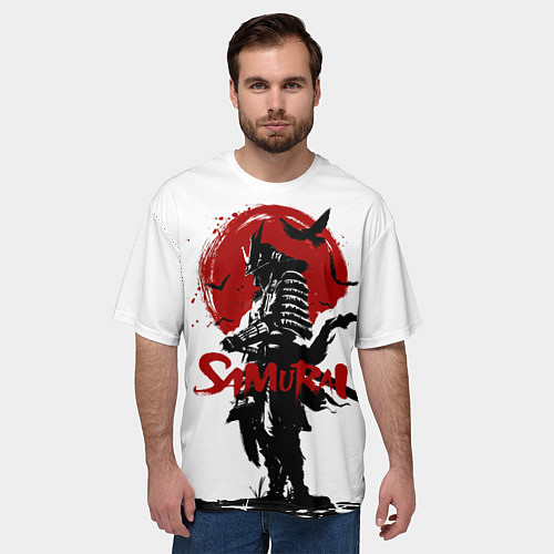 Мужская футболка оверсайз Самурай и Красное Солнце / 3D-принт – фото 3