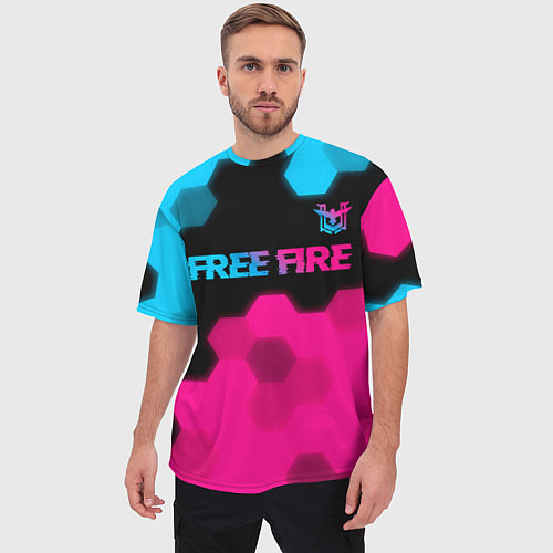 Мужская футболка оверсайз Free Fire - neon gradient: символ сверху / 3D-принт – фото 3