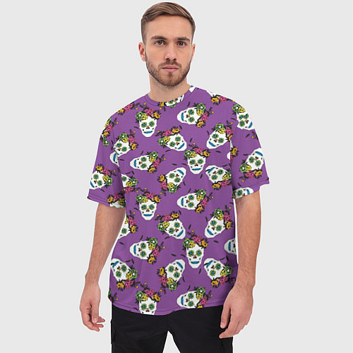 Мужская футболка оверсайз Сахарные черепа на фиолетовом паттерн / 3D-принт – фото 3