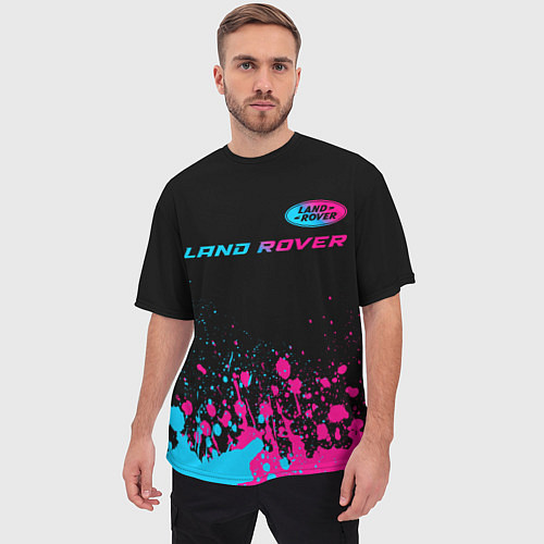 Мужская футболка оверсайз Land Rover - neon gradient: символ сверху / 3D-принт – фото 3