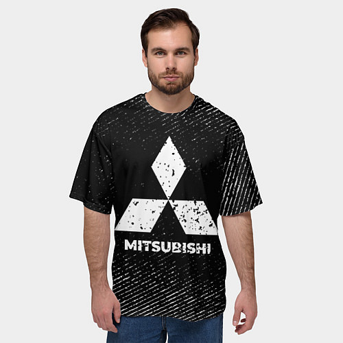 Мужская футболка оверсайз Mitsubishi с потертостями на темном фоне / 3D-принт – фото 3