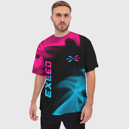 Мужская футболка оверсайз Exeed - neon gradient: символ и надпись вертикальн / 3D-принт – фото 3