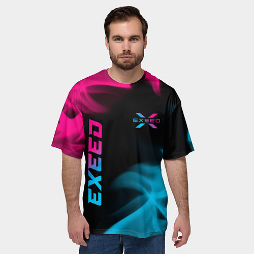Мужская футболка оверсайз Exeed - neon gradient: символ и надпись вертикальн / 3D-принт – фото 3