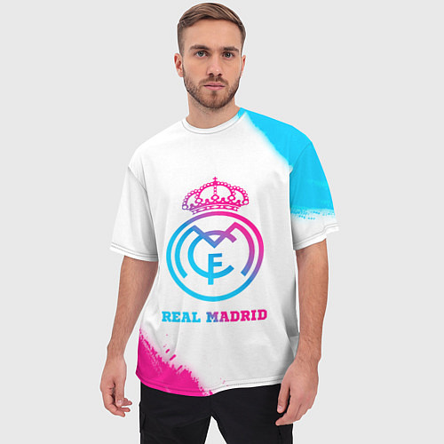 Мужская футболка оверсайз Real Madrid neon gradient style / 3D-принт – фото 3
