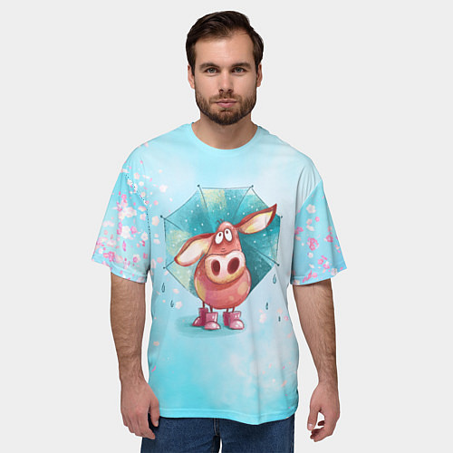 Мужская футболка оверсайз Свинка под зонтиком в дождь / 3D-принт – фото 3