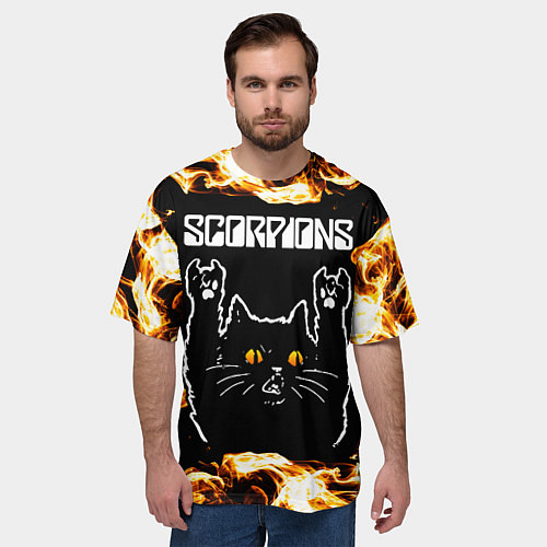 Мужская футболка оверсайз Scorpions рок кот и огонь / 3D-принт – фото 3
