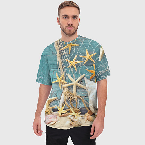 Мужская футболка оверсайз Натюрморт из сети, морских звёзд и ракушек - лето / 3D-принт – фото 3