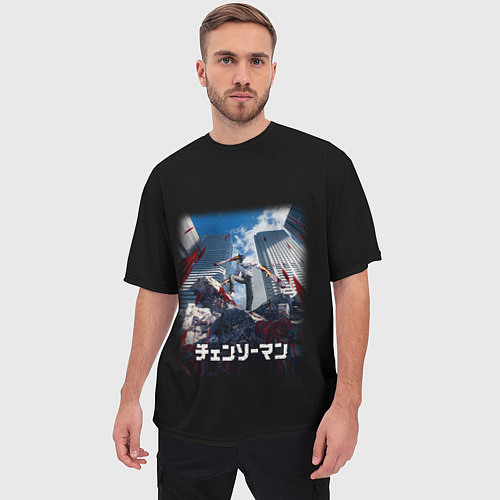 Мужская футболка оверсайз Человек-бензопила Дэндзи в городе / 3D-принт – фото 3