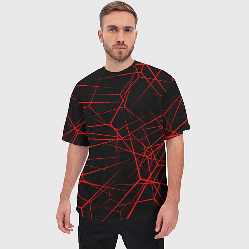 Мужская футболка оверсайз Красные линии на черном фоне / 3D-принт – фото 3